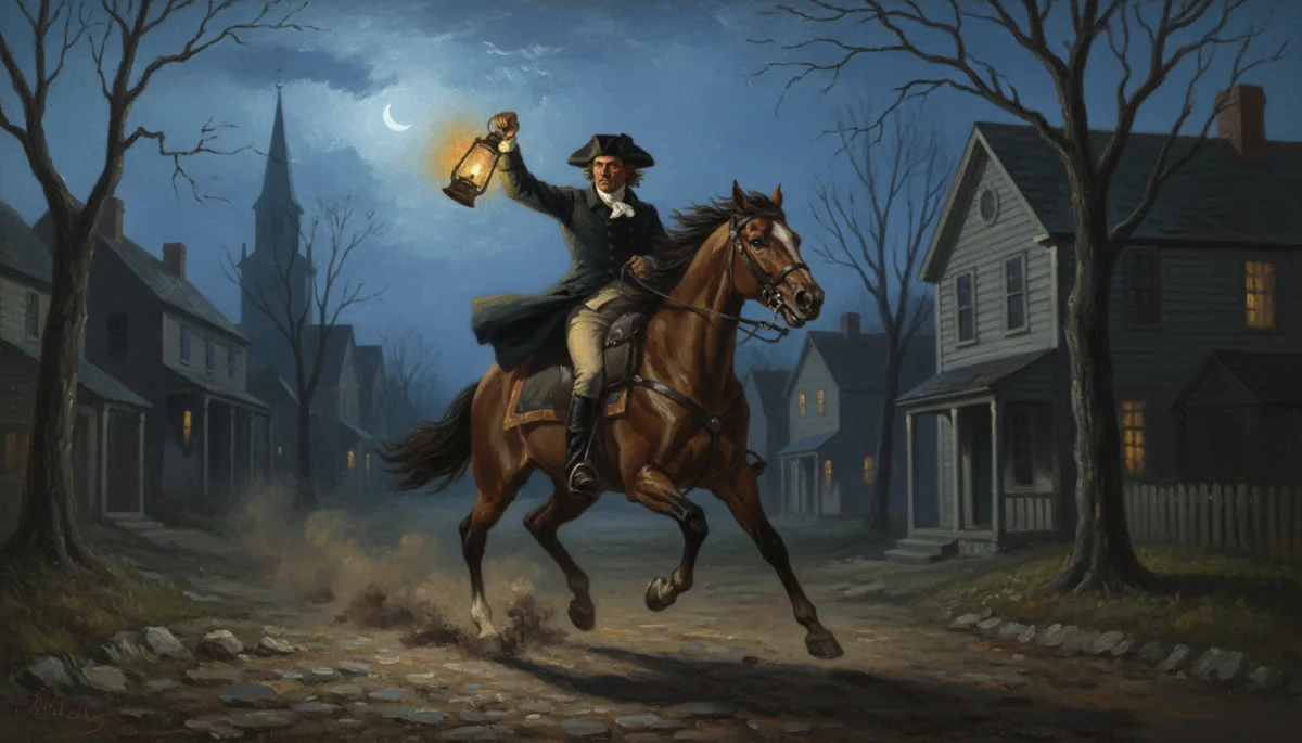 Paul Revere on horseback during his famous midnight ride.