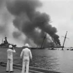 Pearl Harbor's Aftermath: US Naval Power Shifts by 1945 Devastation at Pearl Harbor, smoke rising from damaged battleships