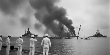 Devastation at Pearl Harbor, smoke rising from damaged battleships