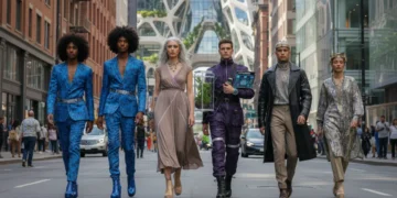 Diverse individuals showcasing personalized fashion on a modern city street in 2026.