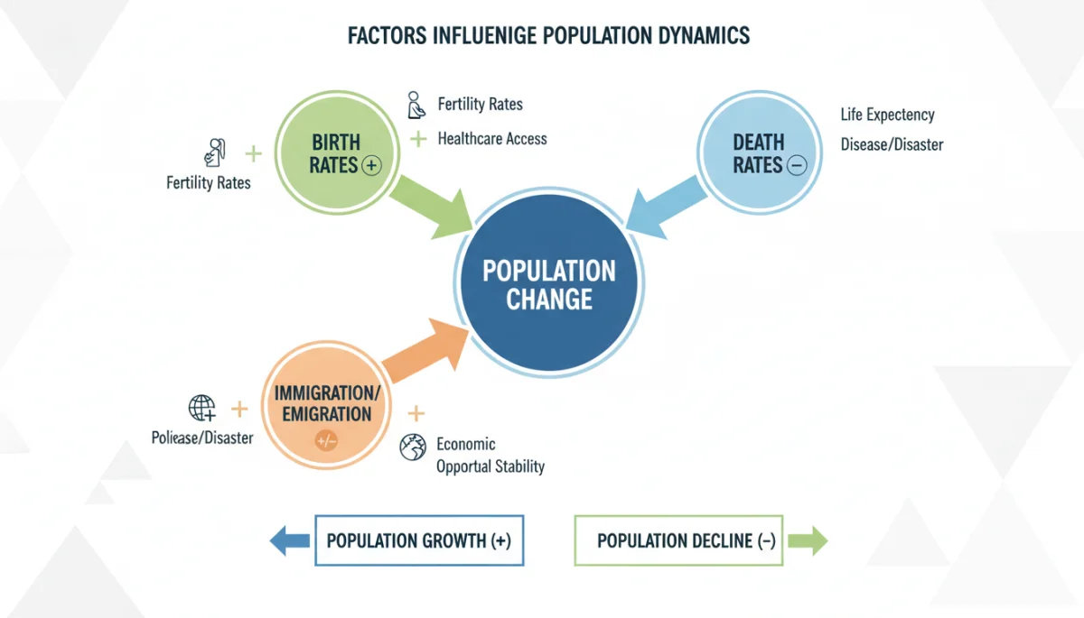 Infographic showing factors influencing population change: birth rates, death rates, immigration.