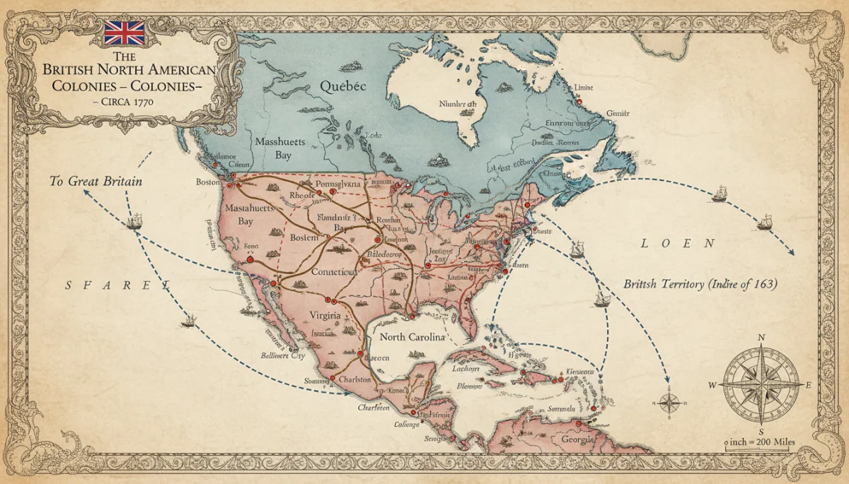 Historical map of American colonies before the Revolution