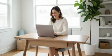Professional woman achieving work life balance in modern home office