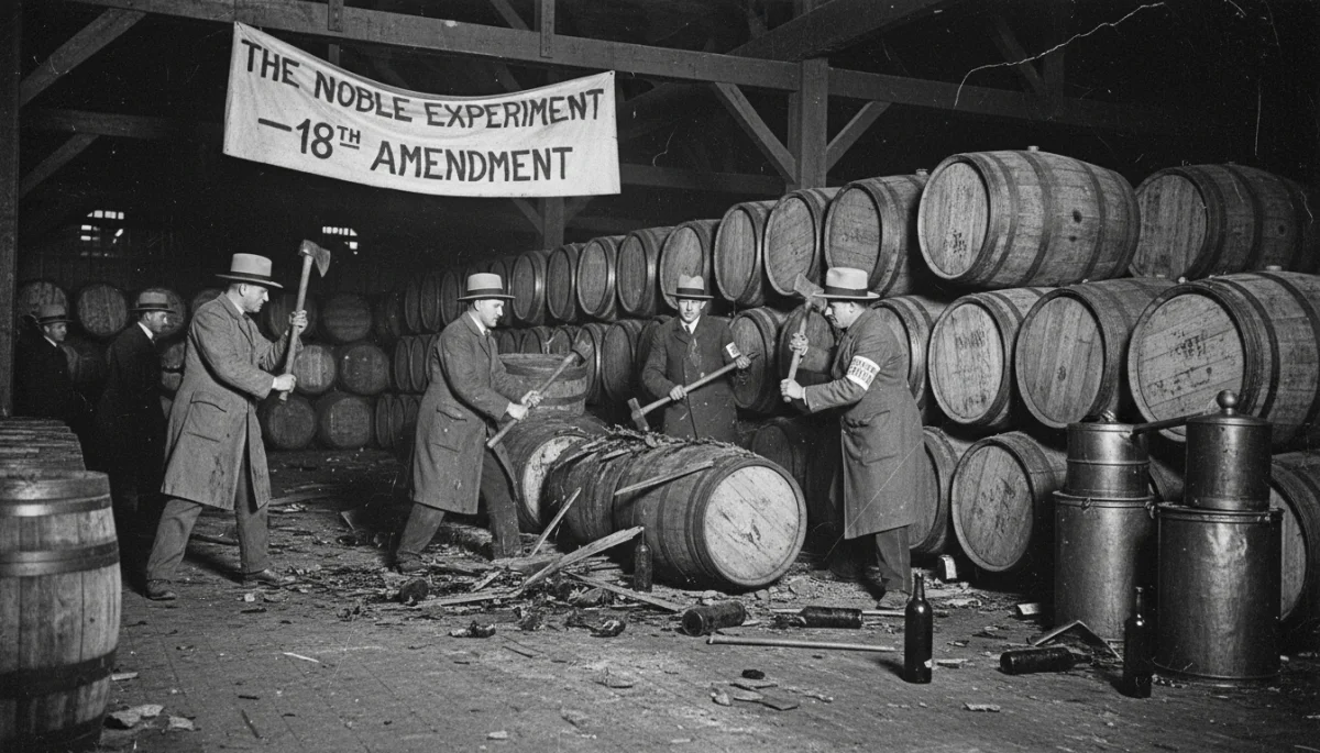 Law enforcement raid on an illegal distillery during Prohibition