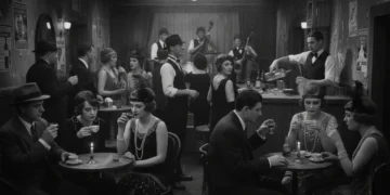 Speakeasy during Prohibition era, hidden bar scene