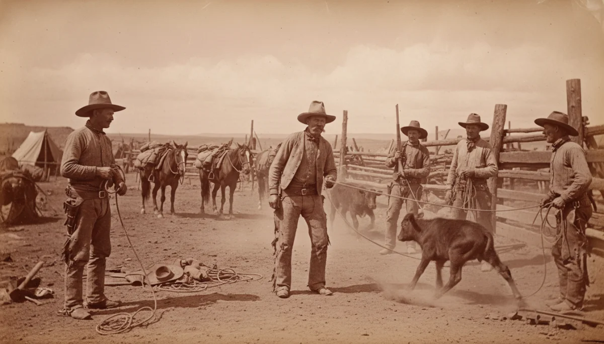 Real 19th century cowboys performing daily ranch tasks, debunking the romanticized image.