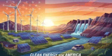 Illustration of diverse renewable energy sources under a sunrise, representing federal investment in clean energy.