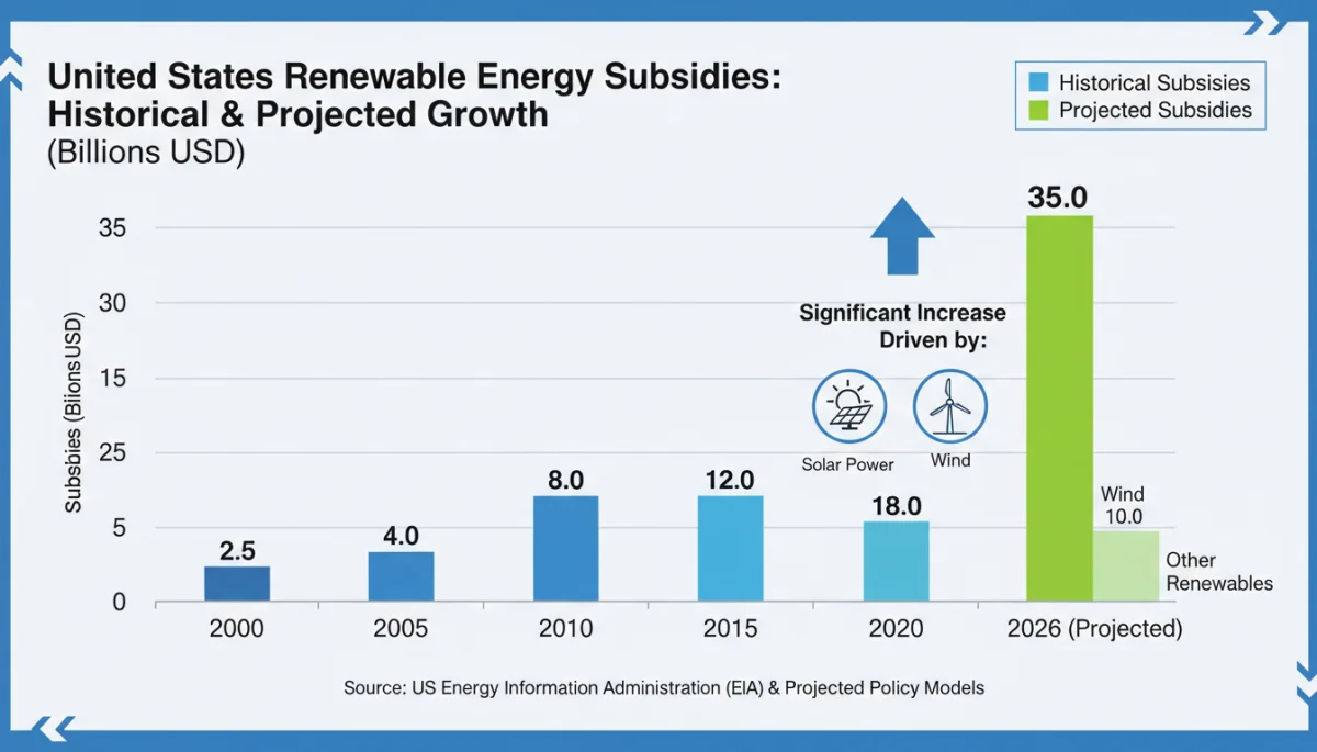 Infographic showing projected growth of US renewable energy subsidies through 2026.