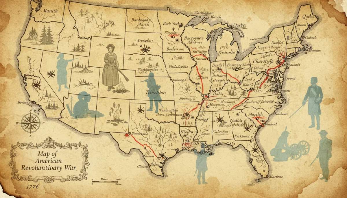 Revolutionary War map with diverse figures representing unsung heroes