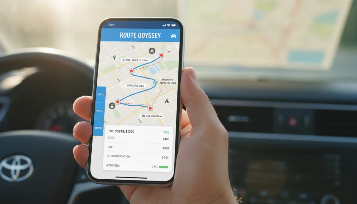Detailed road trip planning app interface on smartphone screen