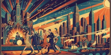 Illustration of 1920s economic prosperity with flapper, jazz, and factory elements