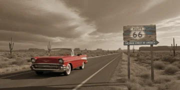 Classic car on historic Route 66 under a vast sky, symbolizing American road trip culture.