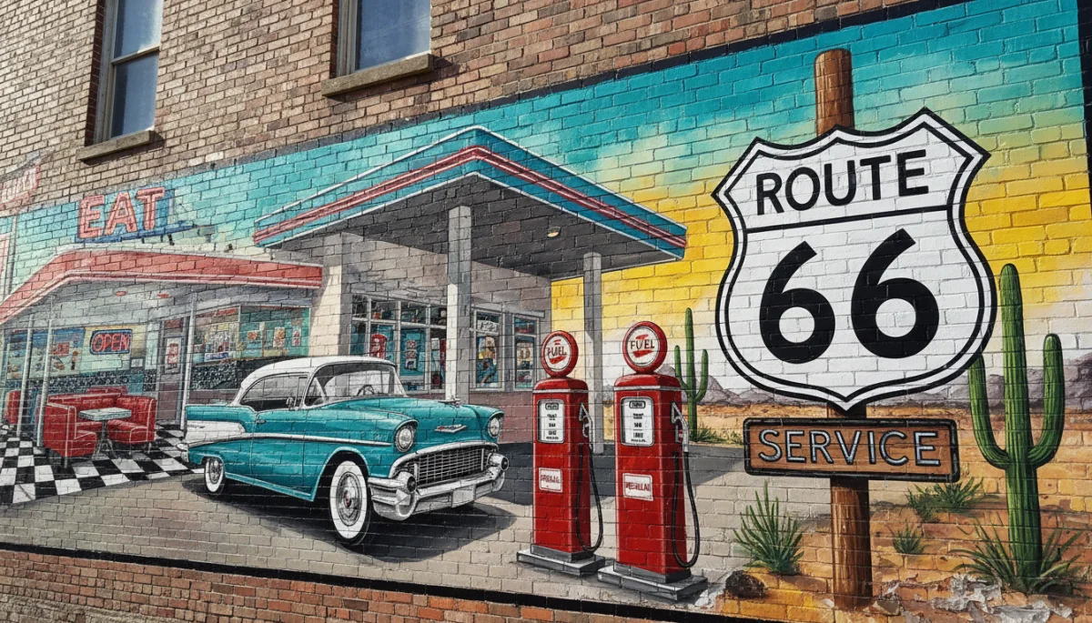 Vibrant mural depicting classic Route 66 Americana on a brick building.