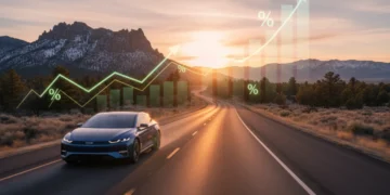 Scenic highway with car, symbolizing optimized road trip budget and savings
