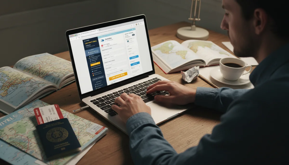 Person searching for last-minute travel deals on a laptop
