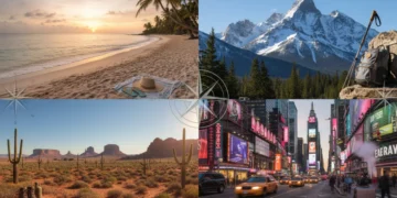 Diverse U.S. landscapes representing seasonal travel opportunities