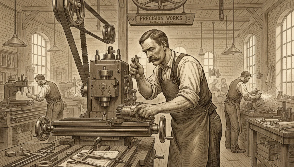 Skilled machinist operating a machine tool in a late 19th-century American workshop, highlighting precision manufacturing.