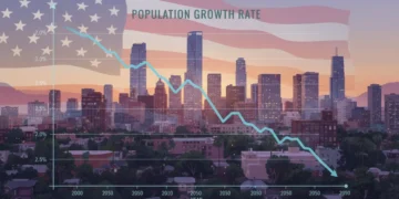 Graph depicting slowing US population growth with a subtle American flag background.