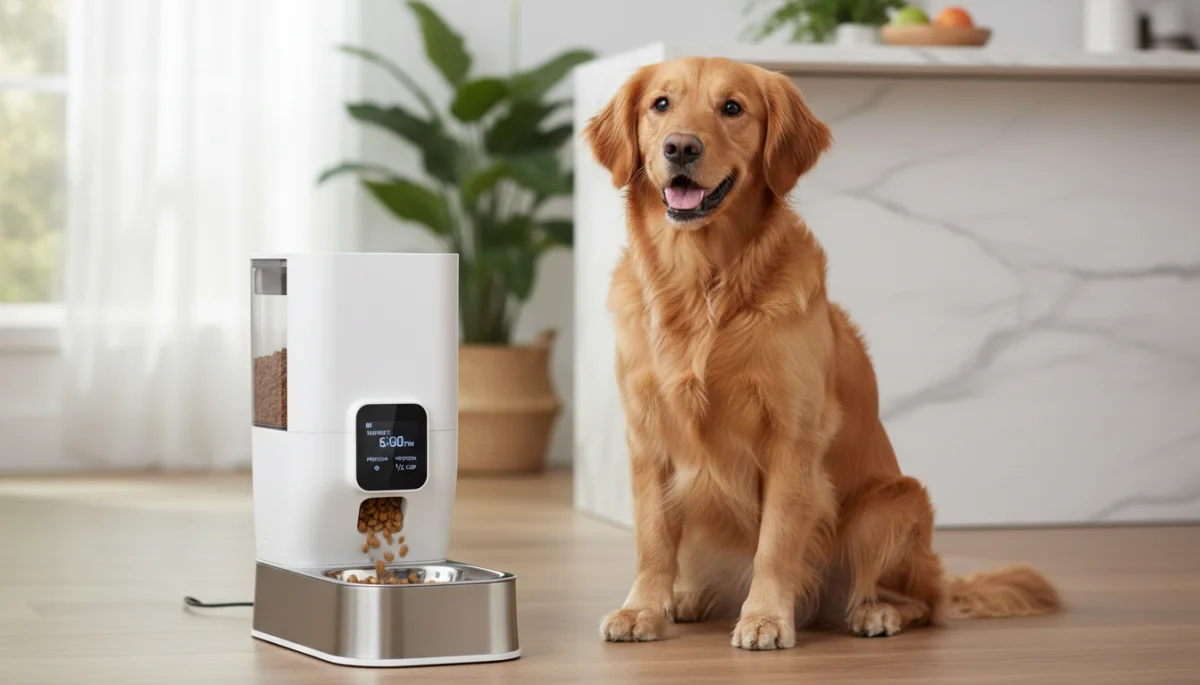 Smart pet feeder dispensing food for a happy dog