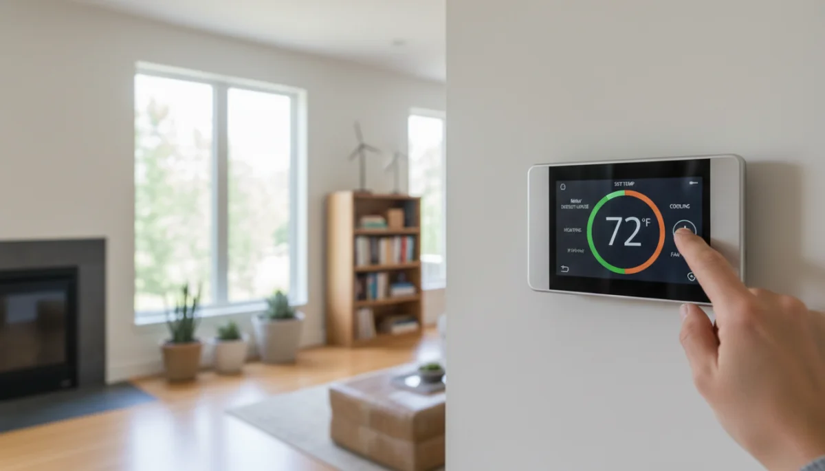 Smart thermostat displaying energy savings and climate control