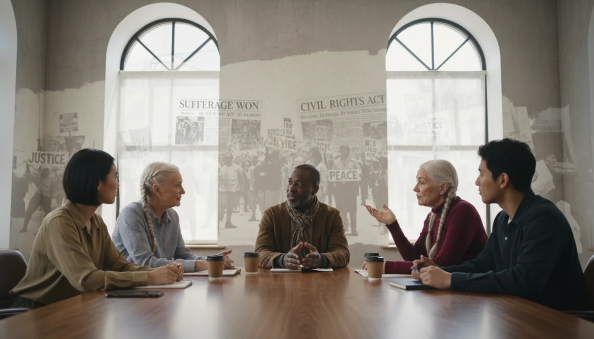 Diverse group discussing historical impact on current society
