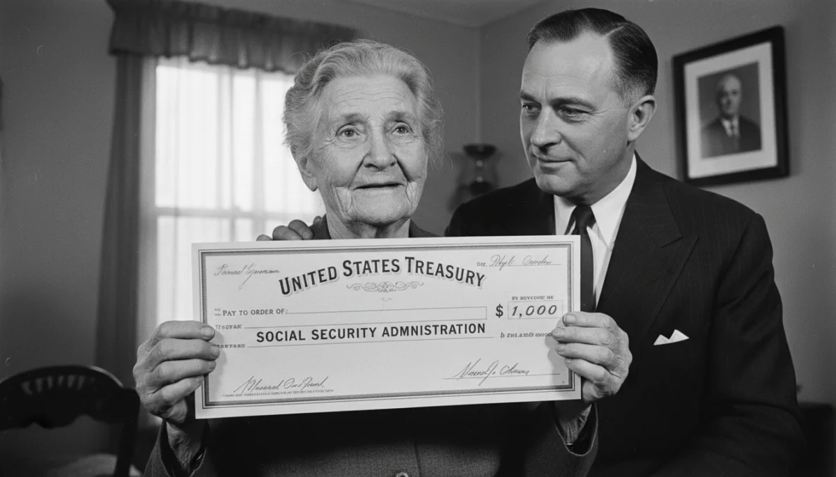 Elderly woman receiving her first Social Security check, symbolizing economic security