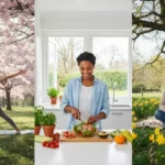 Unlocking Your Best Self: Top 3 Spring Wellness Routines People engaging in mindful movement, preparing healthy meals, and enjoying digital detox outdoors during spring.