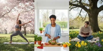 People engaging in mindful movement, preparing healthy meals, and enjoying digital detox outdoors during spring.