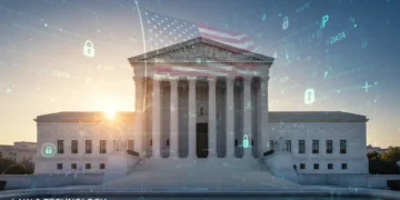 Supreme Court building with digital data privacy overlay