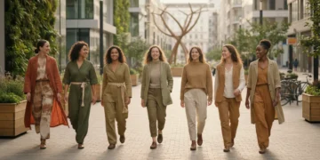 Stylish individuals showcasing sustainable fashion in an urban environment, promoting eco-friendly choices.
