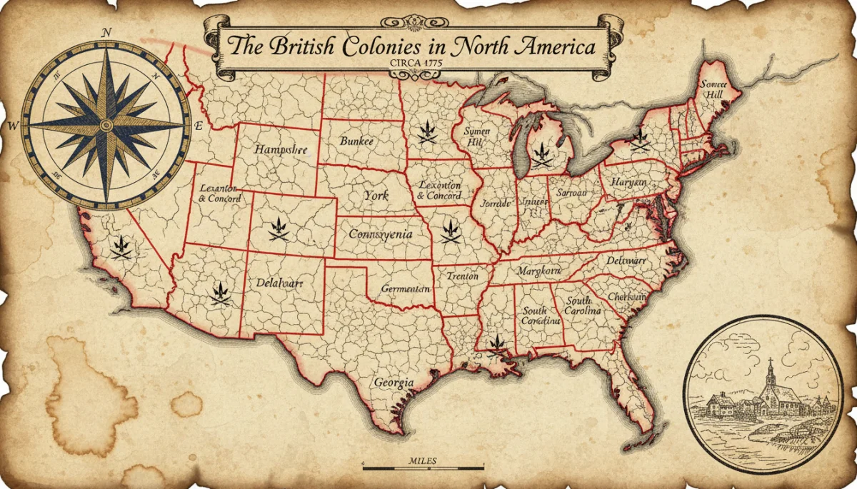 Historical map showing the thirteen American colonies and major battle sites of the Revolutionary War.