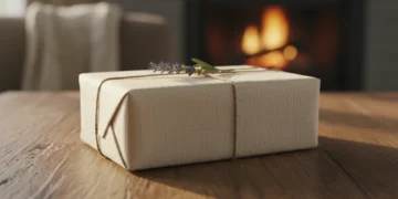Thoughtful gift box with lavender and rustic string on a wooden table, emphasizing personalized gifting