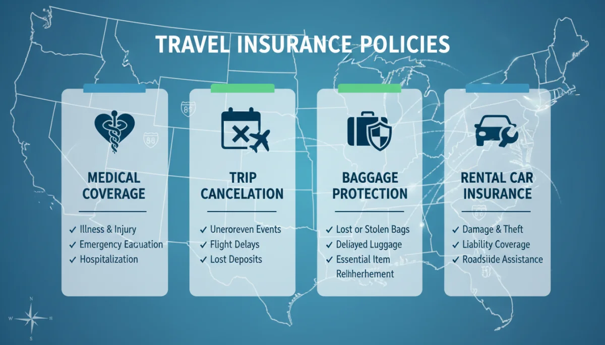 Infographic detailing various U.S. travel insurance policy benefits.