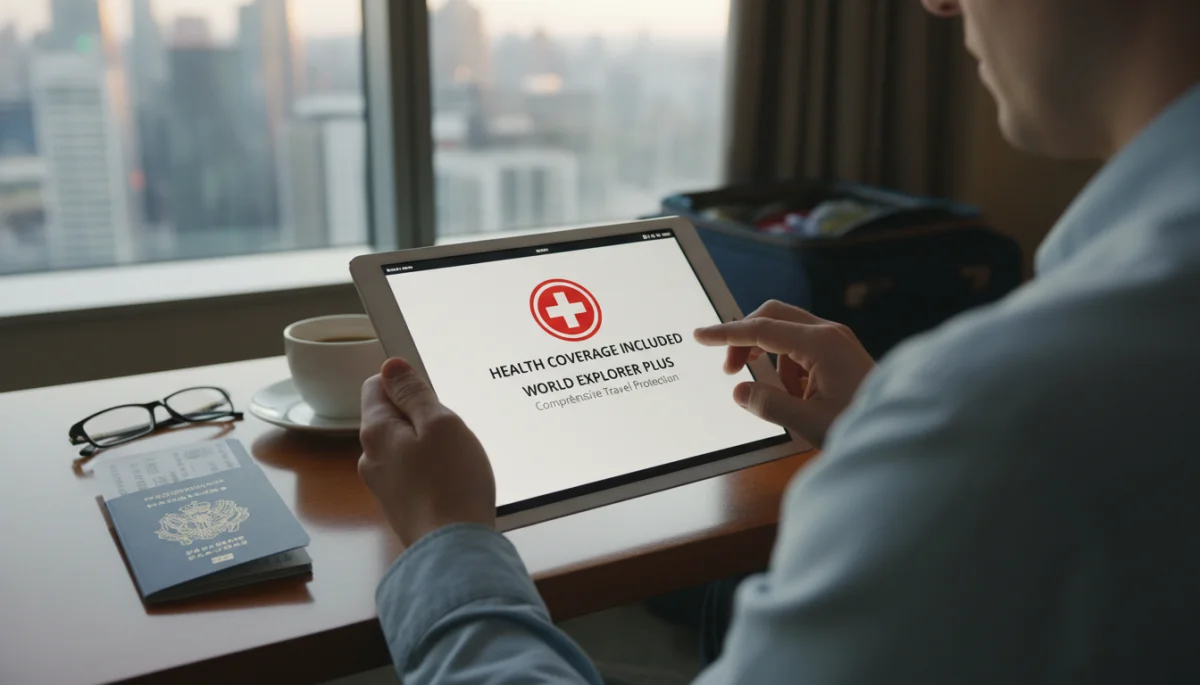 Reviewing travel insurance policy on tablet for US trip