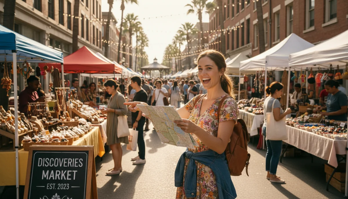 Traveler exploring a vibrant street market during a U.S. stopover.