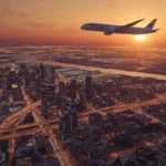 Maximizing Free Stopovers: Add an Extra U.S. Trip Day 2026 Bustling U.S. city at sunset with an airplane, symbolizing extended travel through free stopovers.