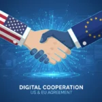 US-EU Digital Services Pact: Key Trade Negotiations Update US and EU flags shaking hands over a digital network, signifying digital services trade agreement.