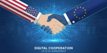 US and EU flags shaking hands over a digital network, signifying digital services trade agreement.