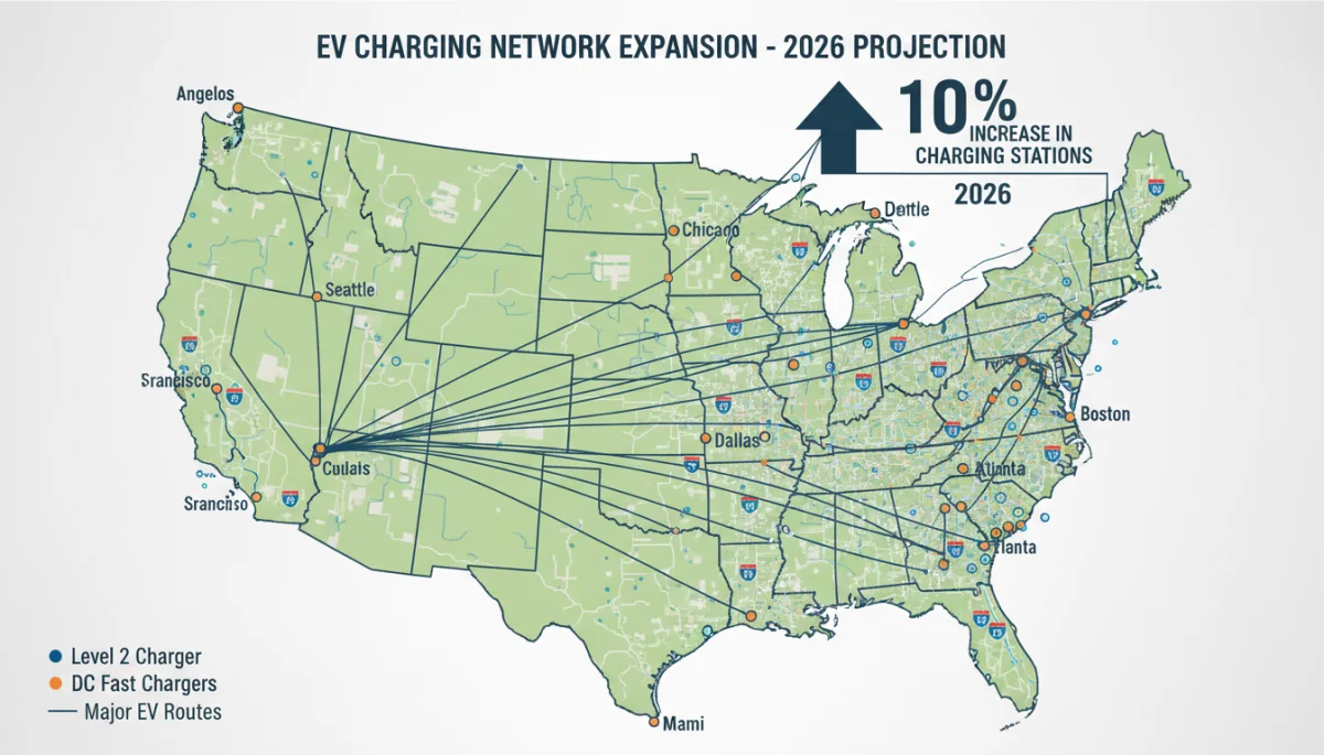 U.S. map visualizing 2026 EV charging station growth