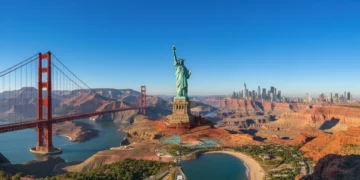 Panoramic view of iconic U.S. landmarks for 2026 travel planning