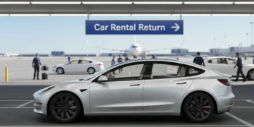 Modern rental car at a U.S. airport facility, ready for pickup.