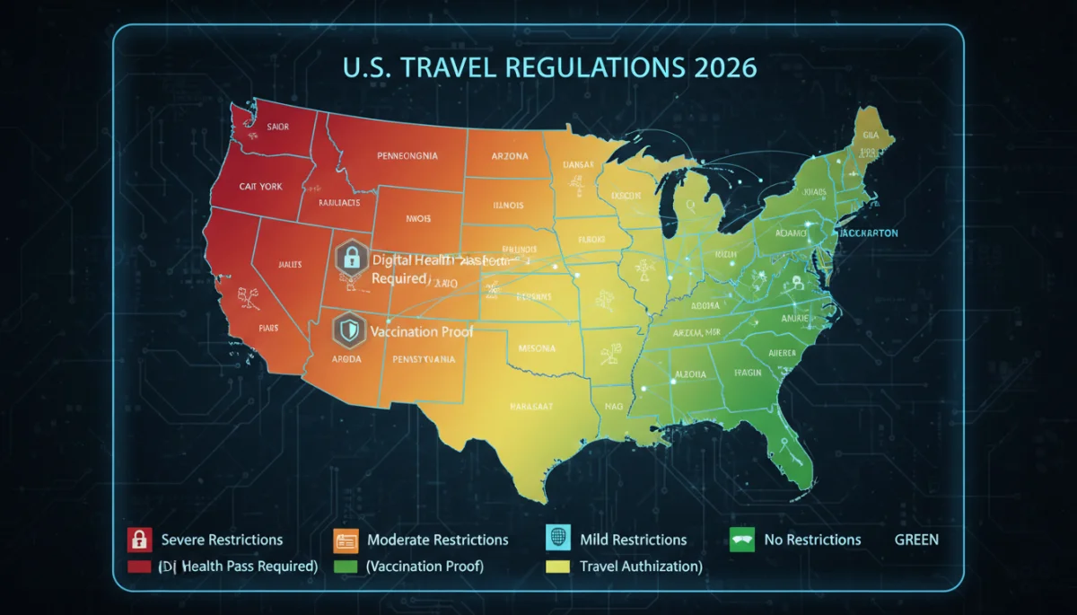 Digital map showing varied U.S. state travel requirements 2026