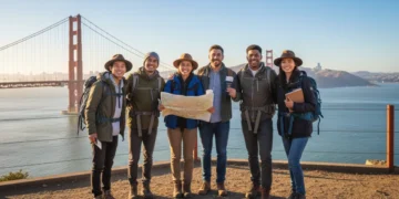 Travelers prepared for US adventure, map and documents in hand