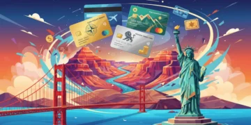 Iconic U.S. landmarks with credit cards, representing travel rewards