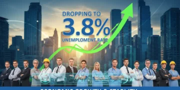 Graph showing US unemployment rate decline to 3.8% in May 2026, symbolizing economic recovery and job growth.