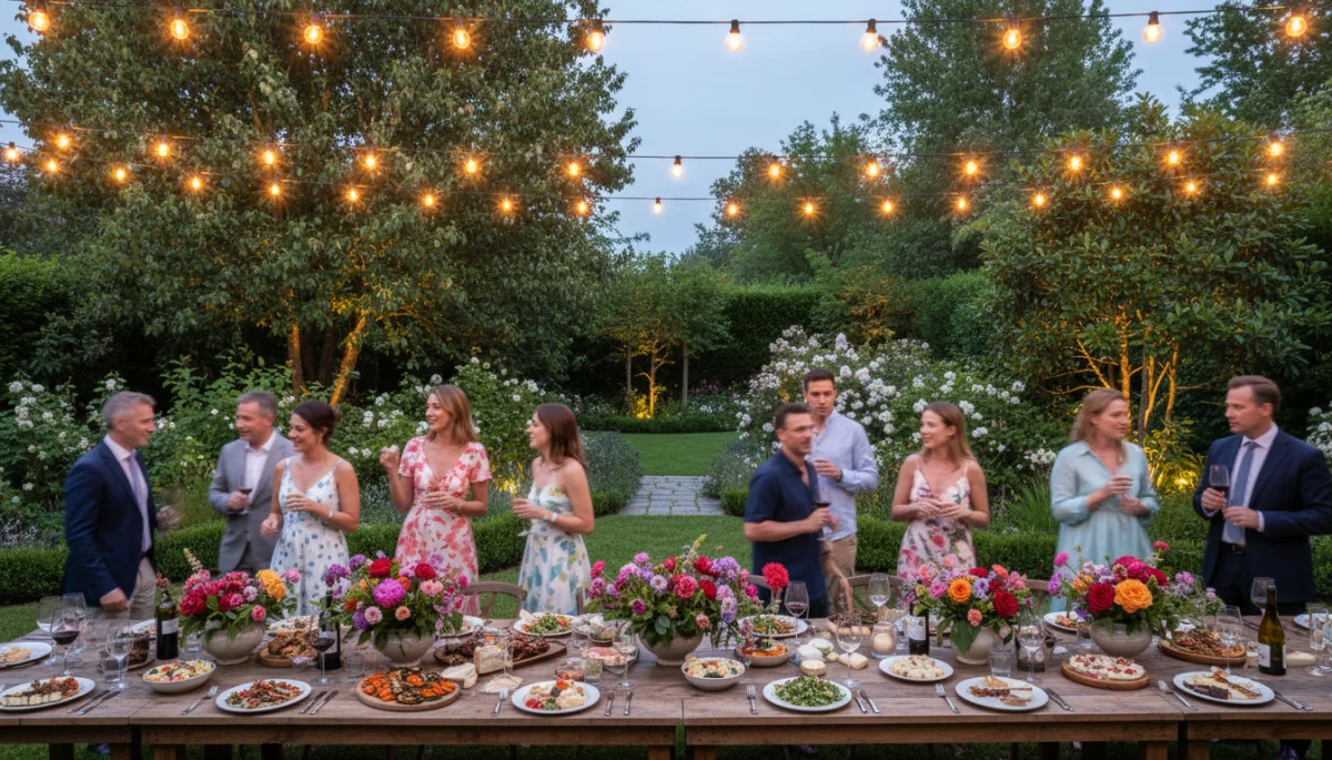 Vibrant outdoor garden party with communal dining and string lights