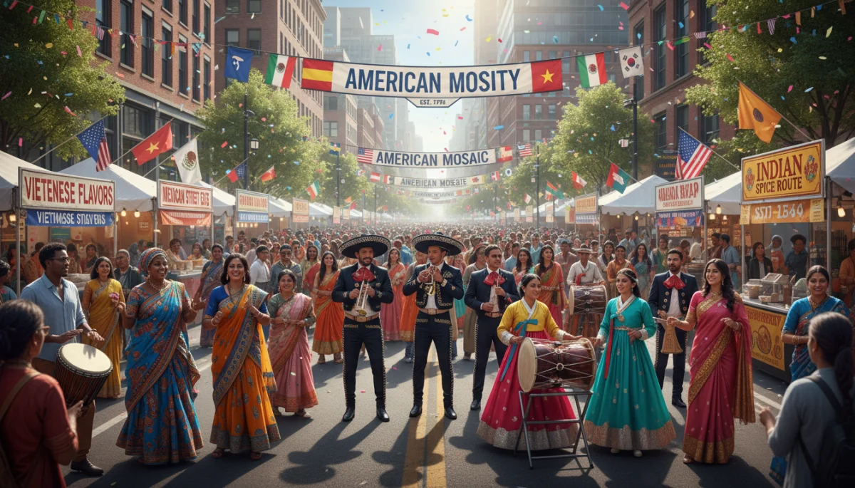 Vibrant street festival celebrating diverse immigrant cultures in America