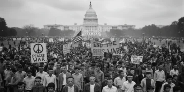 Massive anti-Vietnam War protest in Washington D.C., highlighting widespread public dissent.