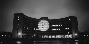Watergate Hotel at night, symbolizing political scandal