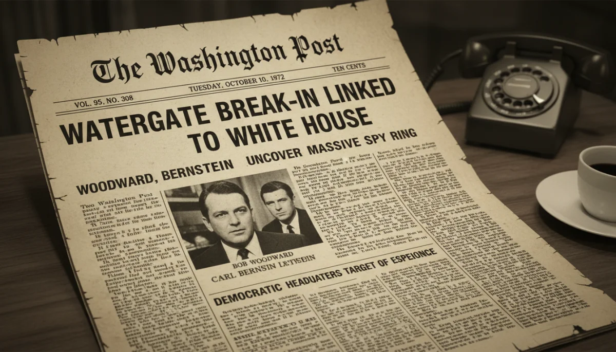 Vintage newspaper headline reporting on Watergate scandal